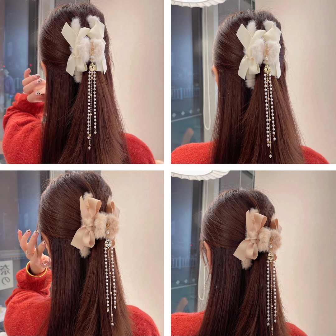 9.9/宫廷风流苏抓夹蝴蝶结毛绒抓夹发夹秋冬