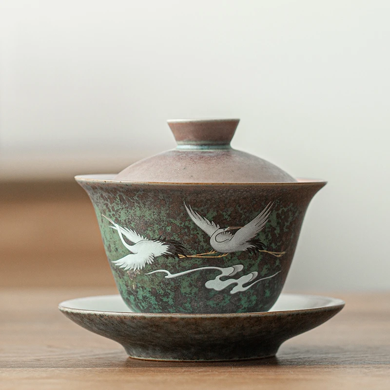 闲云野鹤泡茶碗窑变焕彩仙鹤三才盖碗家用大号陶瓷泡茶器粗陶带盖