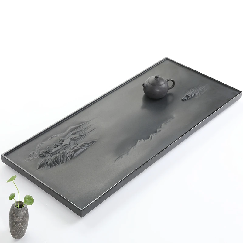 乌金石天罗绿长方形天然整块石盘浮雕排水式托盘家用功夫大号石板