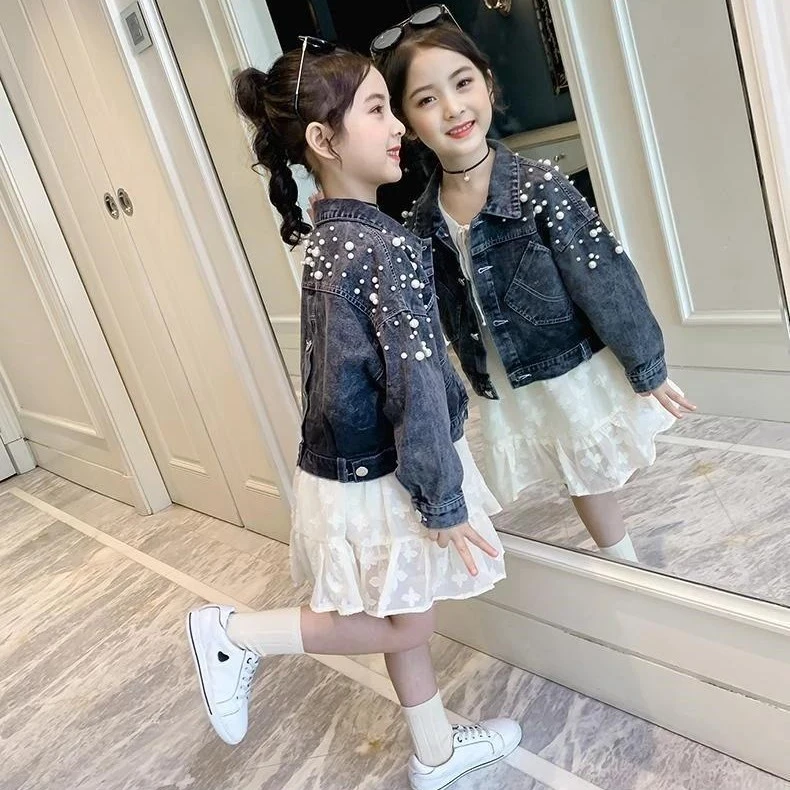 牛仔外套童装女童春秋装时尚新款钉珍珠洋气女孩韩版网红上衣时髦