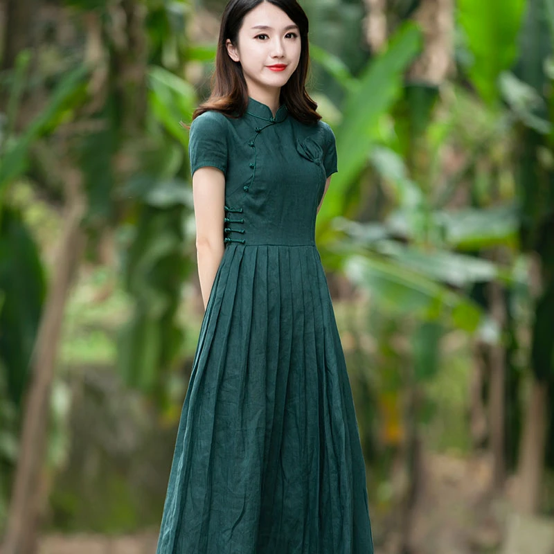改良旗袍夏季修身中式女装复古显瘦气质长裙绿色棉麻连衣裙9355