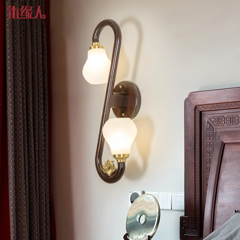 木缘人新中式壁灯实木客厅背景墙楼梯灯个性创意卧室床头灯过道灯