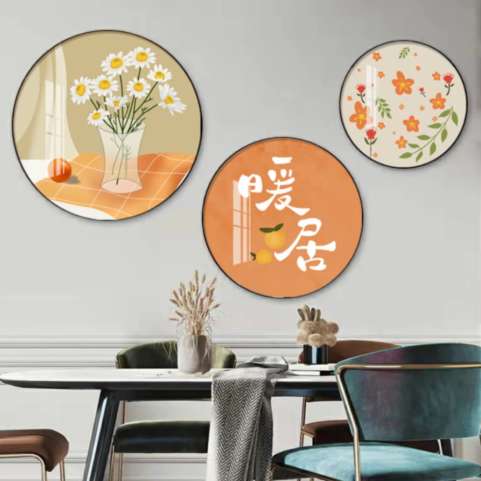 《暖居》餐厅圆形三联画餐厅背景画-晶瓷镶钻工艺简约风景时尚简约