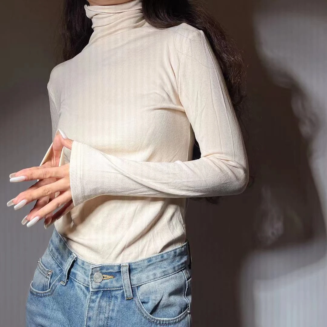 【大婉】欧美街拍经典修身纯色高领长袖螺纹打底衫七色内搭百搭