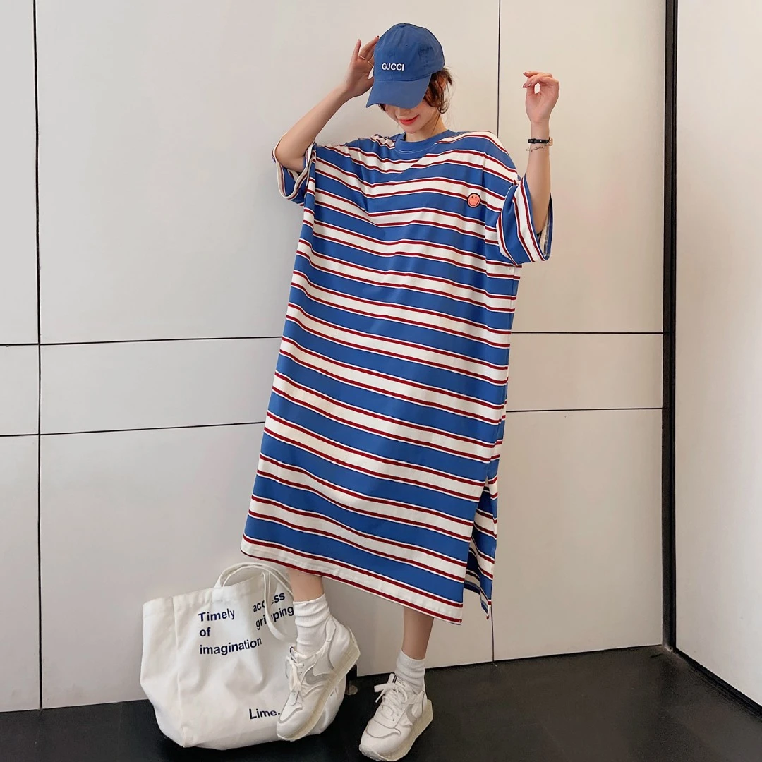 2025夏季上新韩国东大门减龄条纹T恤裙宽松大码短袖开叉连衣裙女