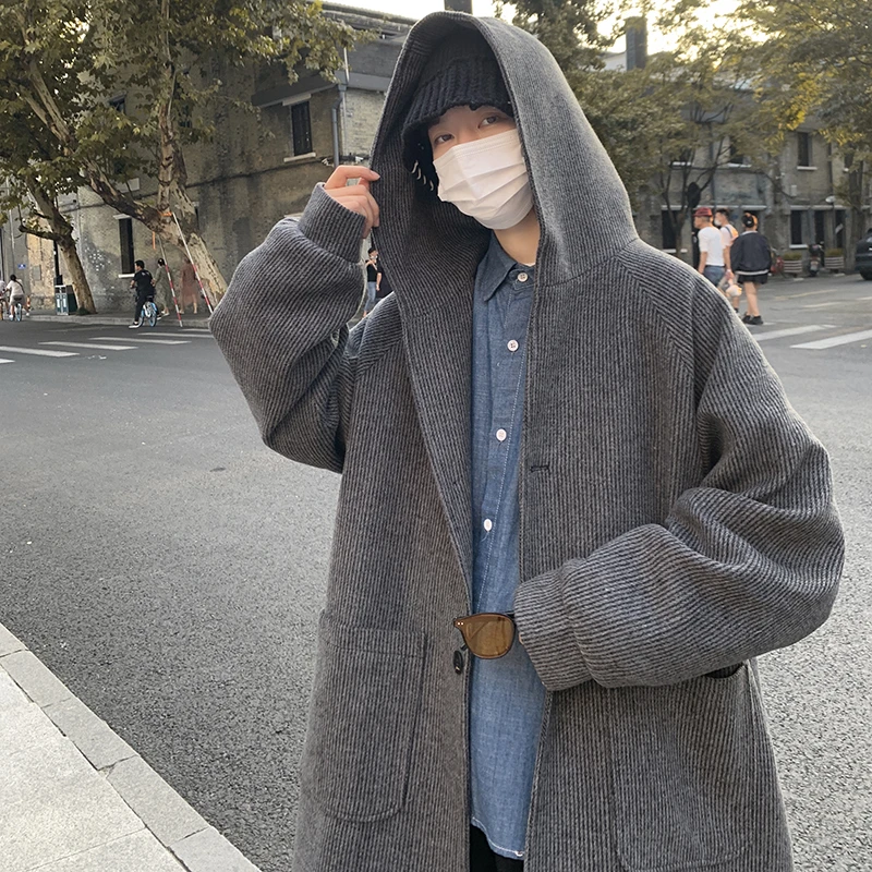 港风2023冬季中长款连帽毛呢大衣男宽松休闲夹克外套青年潮流风衣