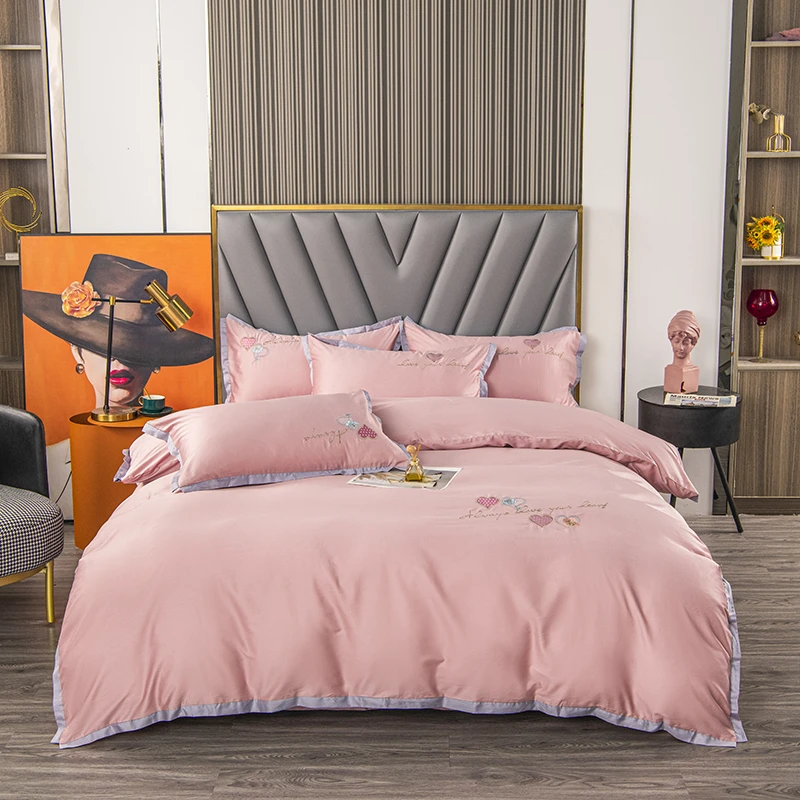 长绒棉绣花套件 甜蜜恋人-粉玉