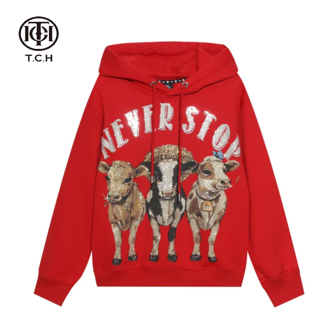 轻奢-TCH重工烫钻时尚设计师牛气冲天红色帽衫T21112C6071