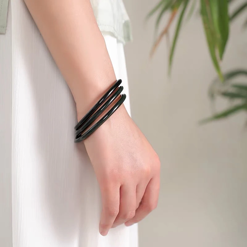 （支持复检）新疆和田玉塔青细条叮当镯塔县黑青玉细圆条美人条手镯