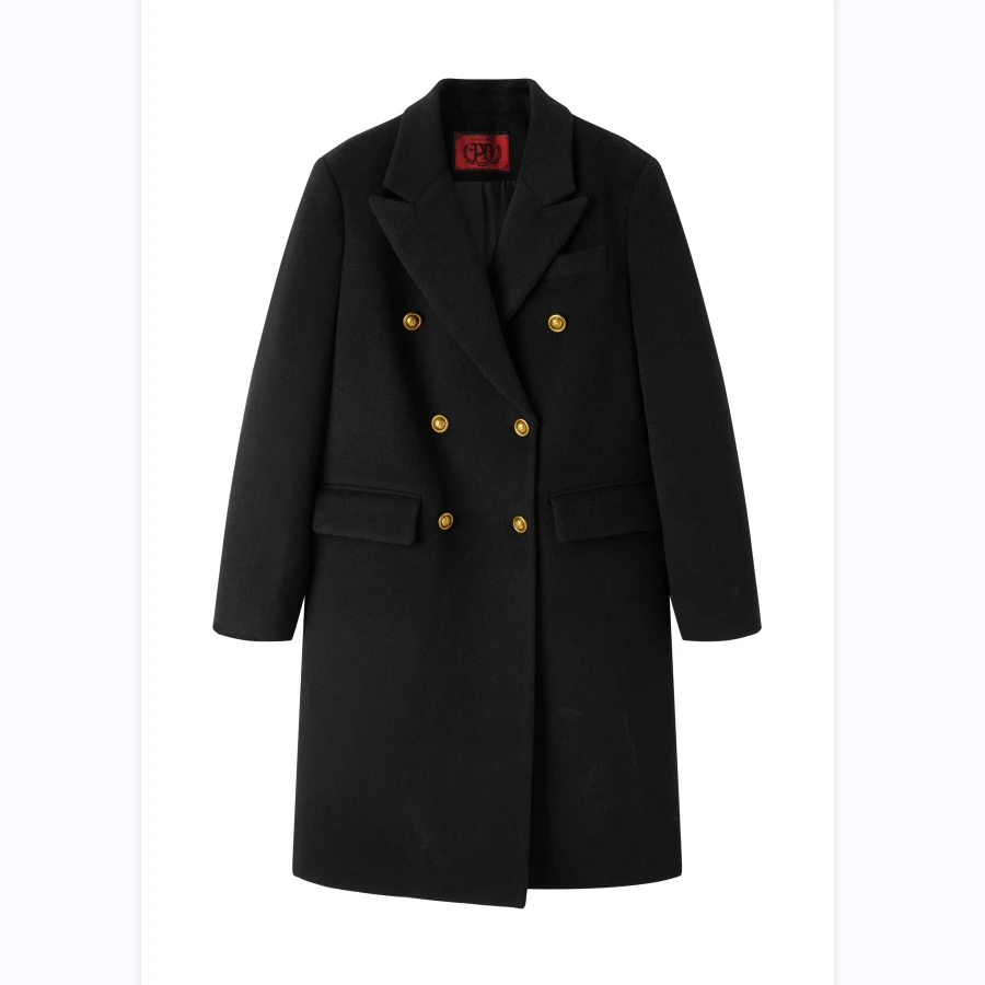 太平鸟双排扣气质大衣黑色时尚冬季休闲呢大衣宽松翻领A7AAC4G36