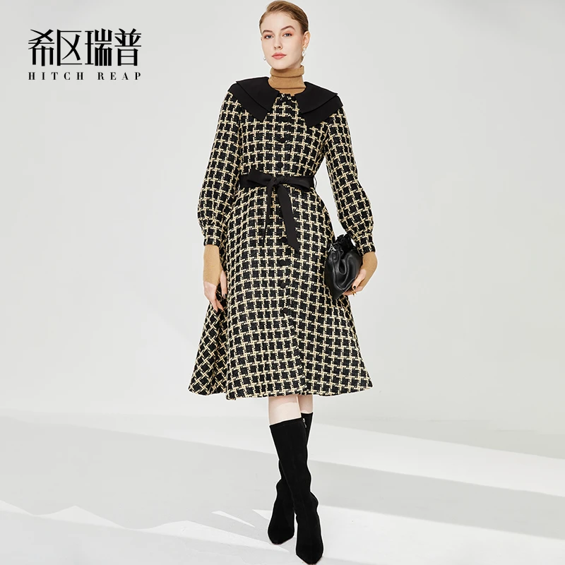 希区高端小香风粗花呢女B0206冬赫本气质娃娃领千鸟格外套收腰