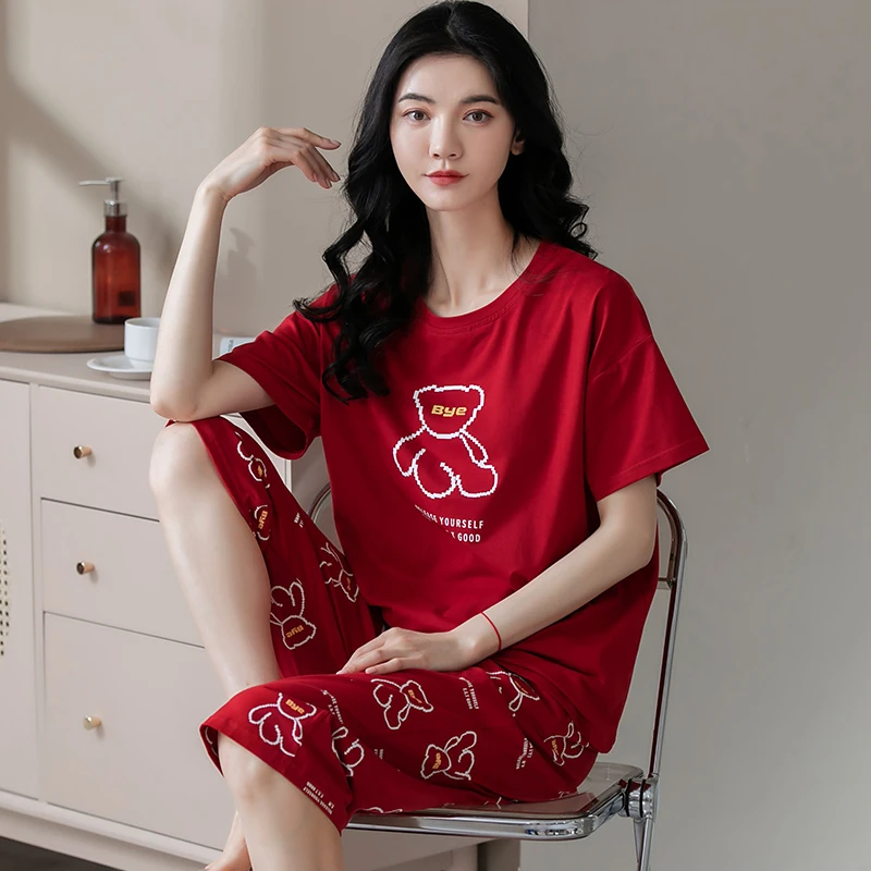 100%全棉短袖七分裤睡衣女夏季学生可外穿宽松韩版休闲家居服套装