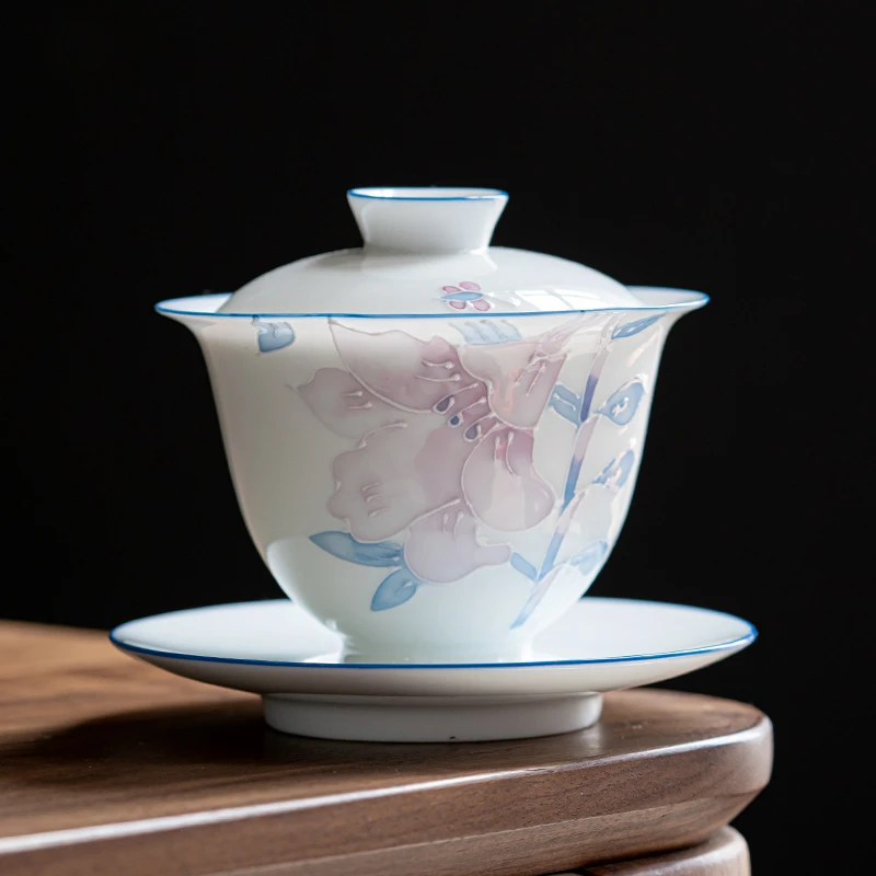 手绘百合三才盖碗陶瓷茶具茶碗白瓷功夫茶具茶碗家用不烫手泡茶器