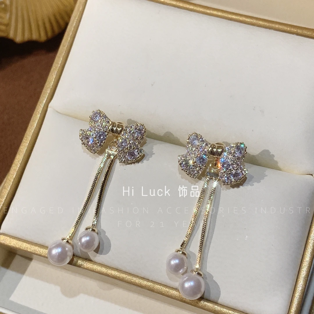 铜合金耳饰 HiLuck甜美淑女蝴蝶结流苏一款两戴设计耳环饰品耳钉