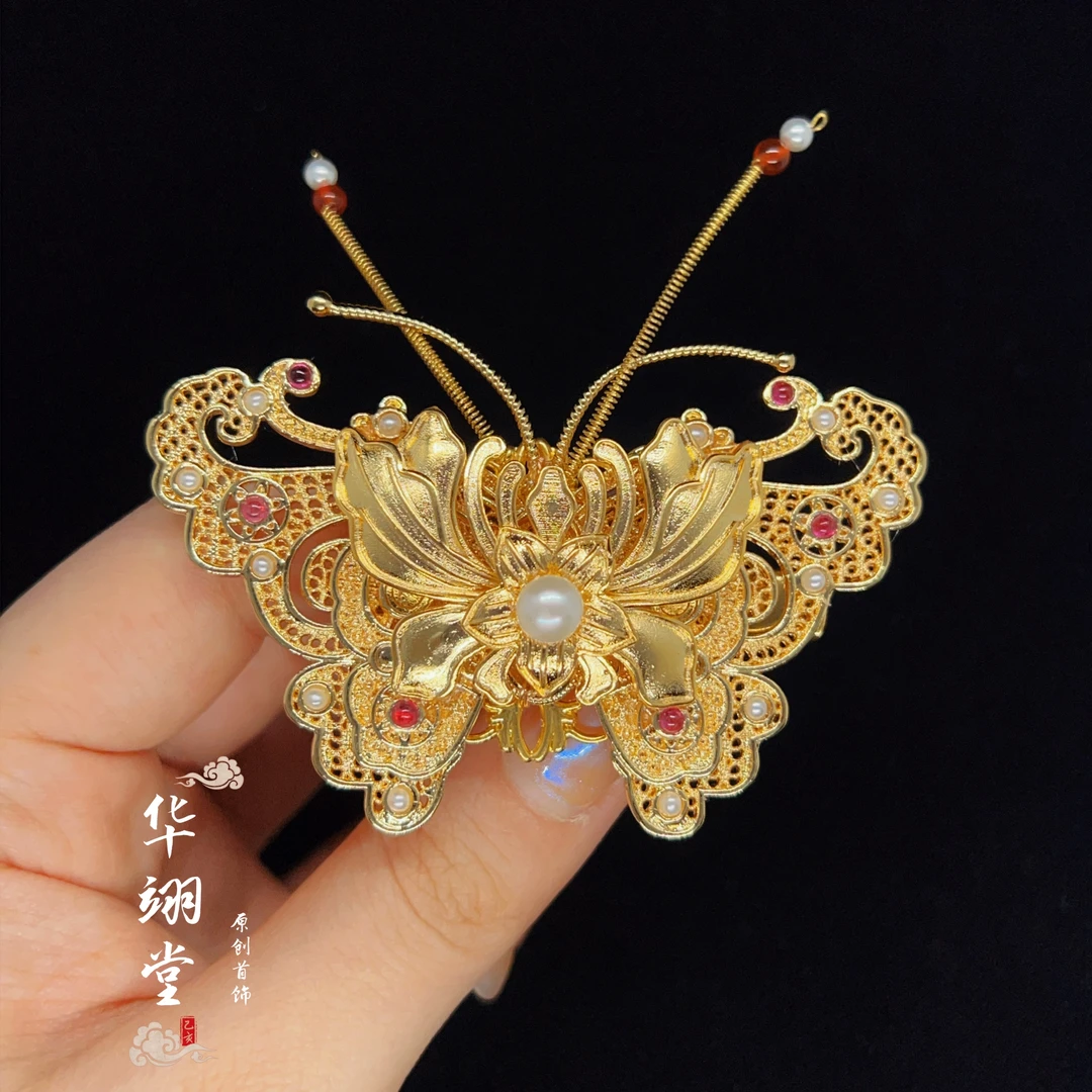 铜合金婚庆饰品 华翊堂原创汉服配饰镀金款蝴蝶发夹