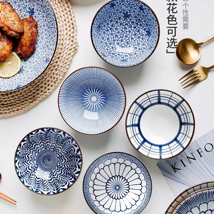 青花瓷釉下彩家用陶瓷碗4.5英寸高脚饭碗个人餐具家庭专用碗