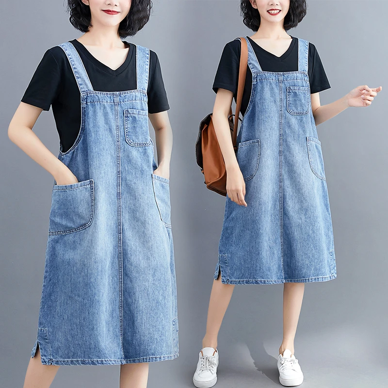 牛仔背带裙女2024夏季宽松韩版大码中长款显瘦减龄无袖吊带连衣裙