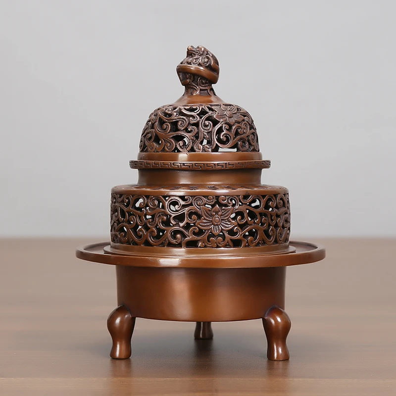 紫铜龙钮三足套炉全铜三足带盖香薰炉茶桌书房禅意香炉
