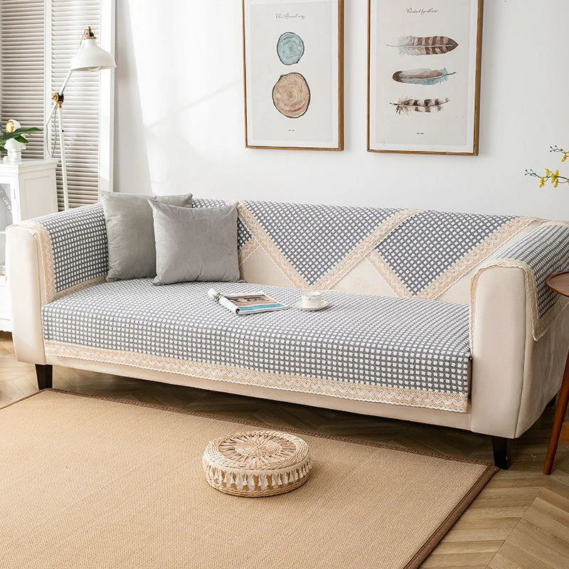 加厚棉麻沙发垫三件灰与咖四季通用防滑防静电沙发套盖布
