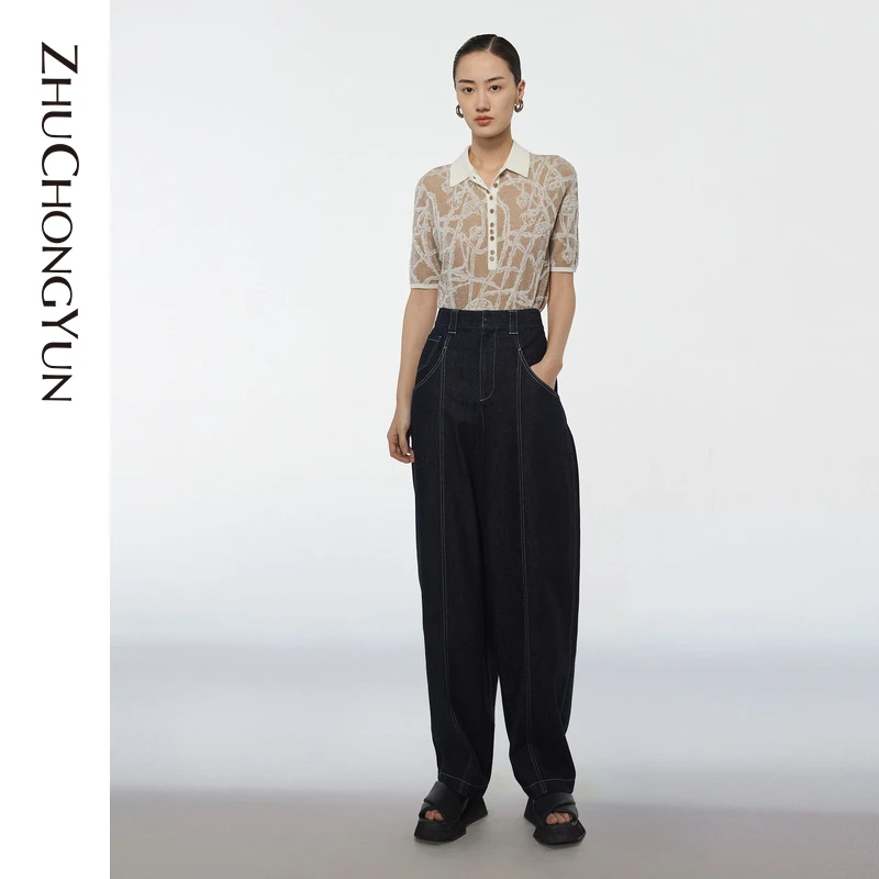 ZHUCHONGYUN印花休闲拼接方领单排扣设计师毛针织衫C1BW2815M