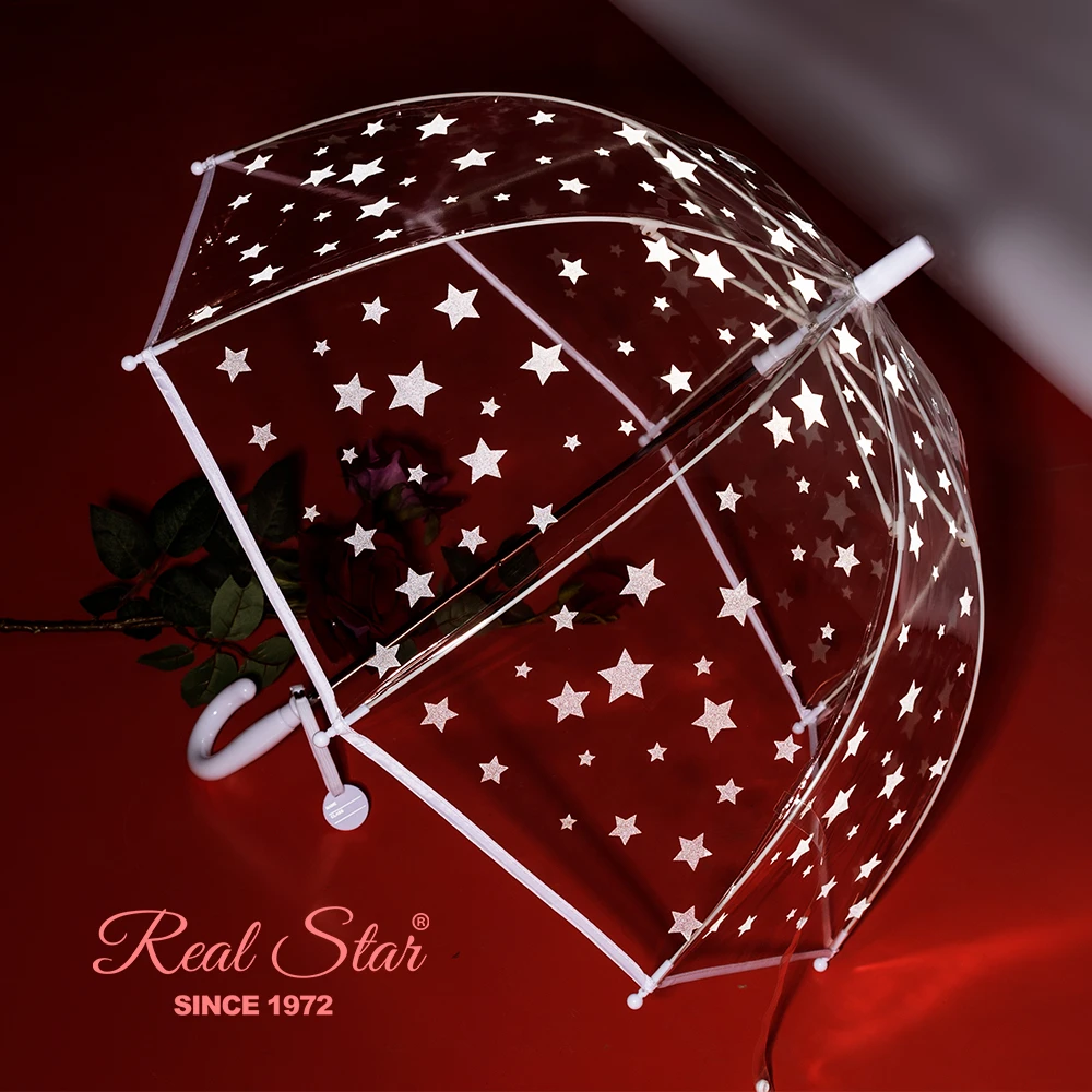 REALSTAR【067】儿童反光星星印花透明伞简约学生长柄透明雨伞
