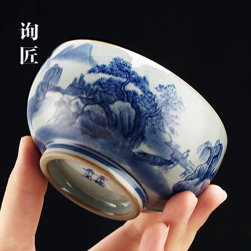 青花瓷开片可养主人杯景德镇茶杯陶瓷汝窑单杯个人专用高档品茗杯