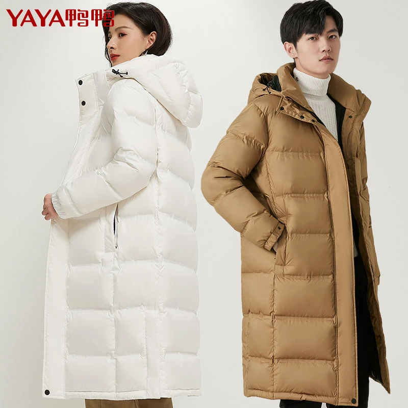 YAYA/鸭鸭情侣款白鹅绒服新款羽绒服男女中长款过膝加厚连帽外套