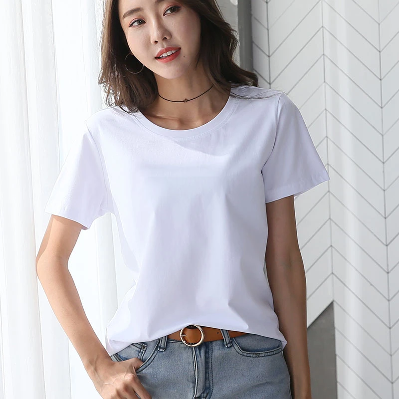 冰瓷棉短袖95%棉圆领上衣女宽松大码女装简约百搭新款夏季打底衫