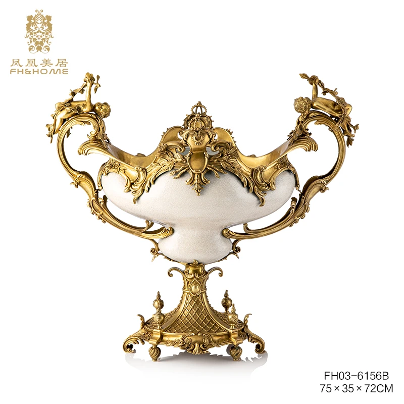 FH&HOME/凤凰美居奢华欧式白色裂纹瓷四肚深盆水果盆艺术品摆件