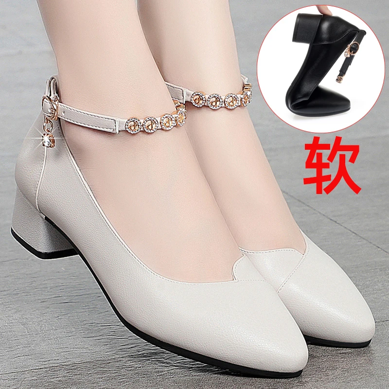 真皮软底白色工作鞋女黑色皮鞋粗跟一字扣配旗袍跳舞妈妈女鞋单鞋