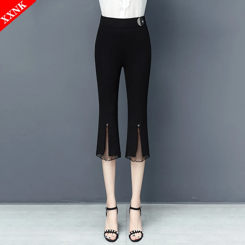 黑色七分裤女夏2024修身显瘦宽松高腰薄款时尚休闲裤微喇喇叭裤