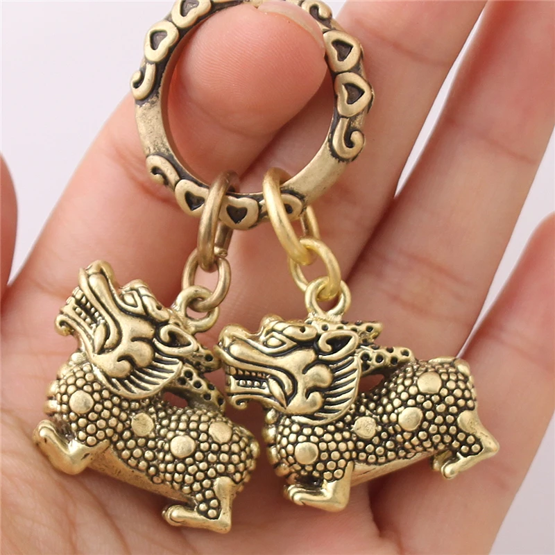 纯黄铜多宝麒麟钥匙扣挂件儿童玩具礼品男女汽车吊坠创意手工包邮