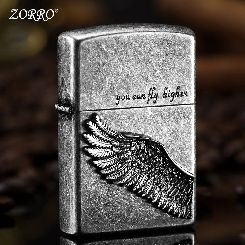 佐罗ZORRO正品飞得更高贴章翅膀煤油火机防风创意黄铜爱心打火机
