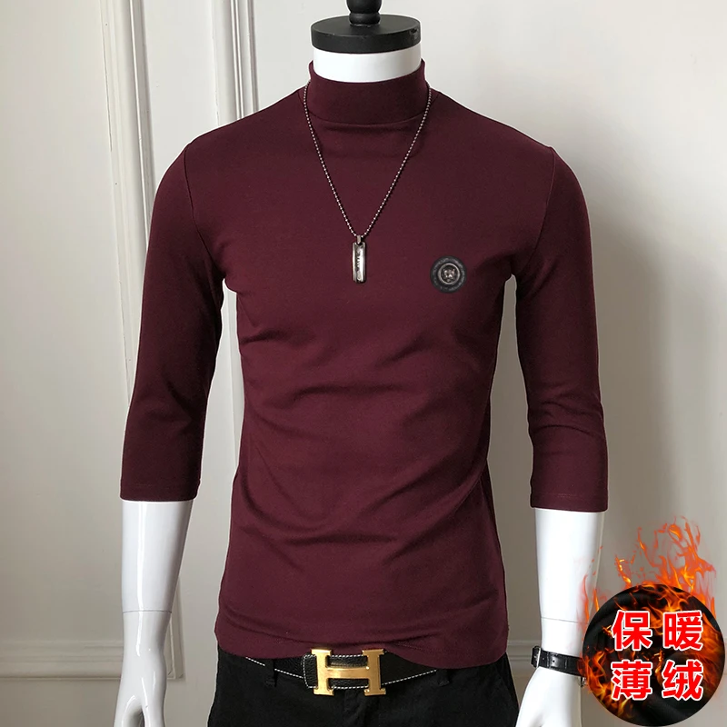 秋冬男半高领七分袖加绒加厚打底衫丝光棉修身纯色T恤莫代尔上衣
