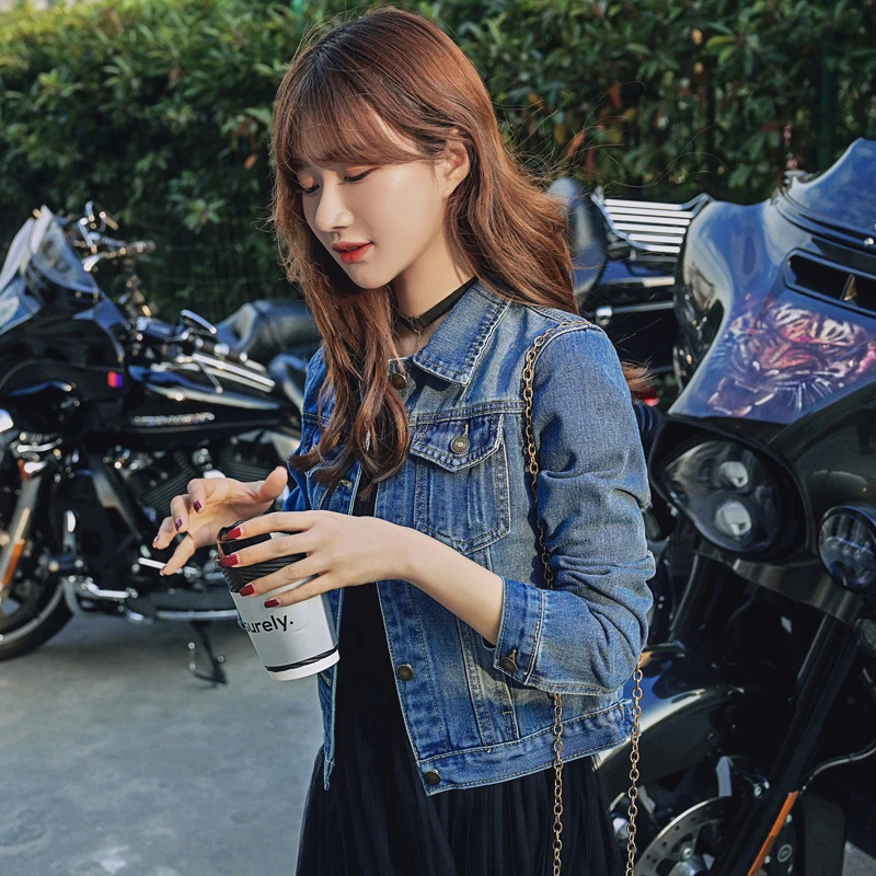春秋新款修身短款牛仔外套女网红显瘦百搭上衣服小款深蓝正肩外搭