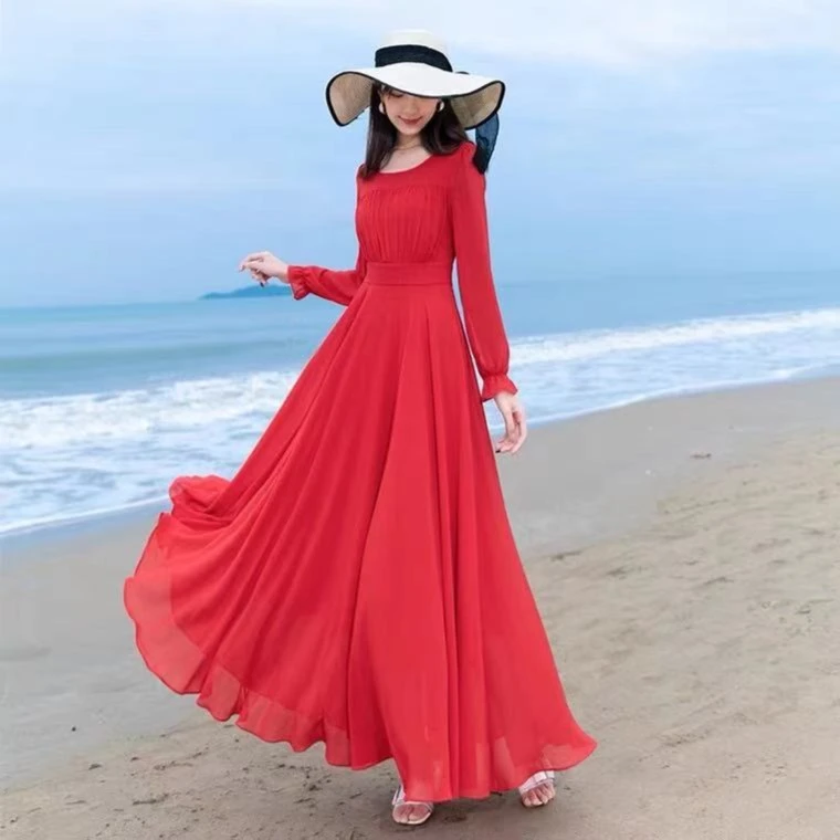 波西米亚360度圆领风琴款大摆长袖连衣裙气质时尚
