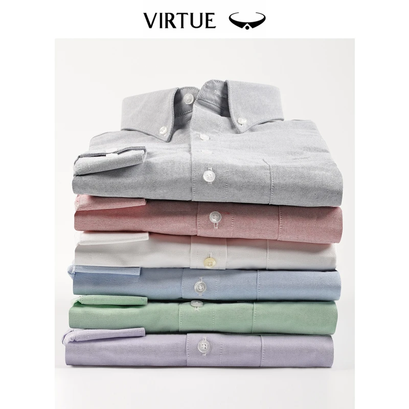 Virtue富绅纯棉牛津纺商务衬衫男长袖扣领衬衣翻领纯棉寸衫