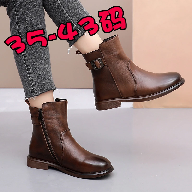 35-43秋冬季真皮百搭复古加绒短靴女粗跟厚底圆头中跟平底棉靴678