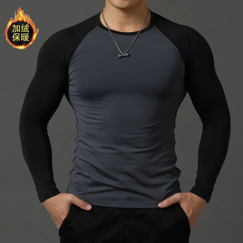 秋冬健身服男加绒紧身衣长袖弹力速干跑步训练打底衫教练工服定制