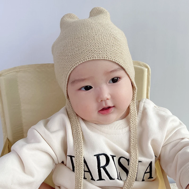 婴儿帽子春秋薄款ins韩国超萌0-6个月婴幼儿宝宝护卤针织护耳帽潮