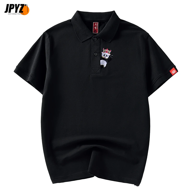 熊猫刺绣POLO衫男短袖国潮中国风翻领t恤宽松上衣服夏季黑色-537
