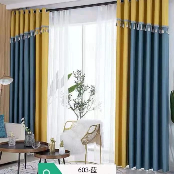 蒂夫尼流苏帘头603蓝拼黄网红爆款现代简约风格窗帘卧室防紫外线