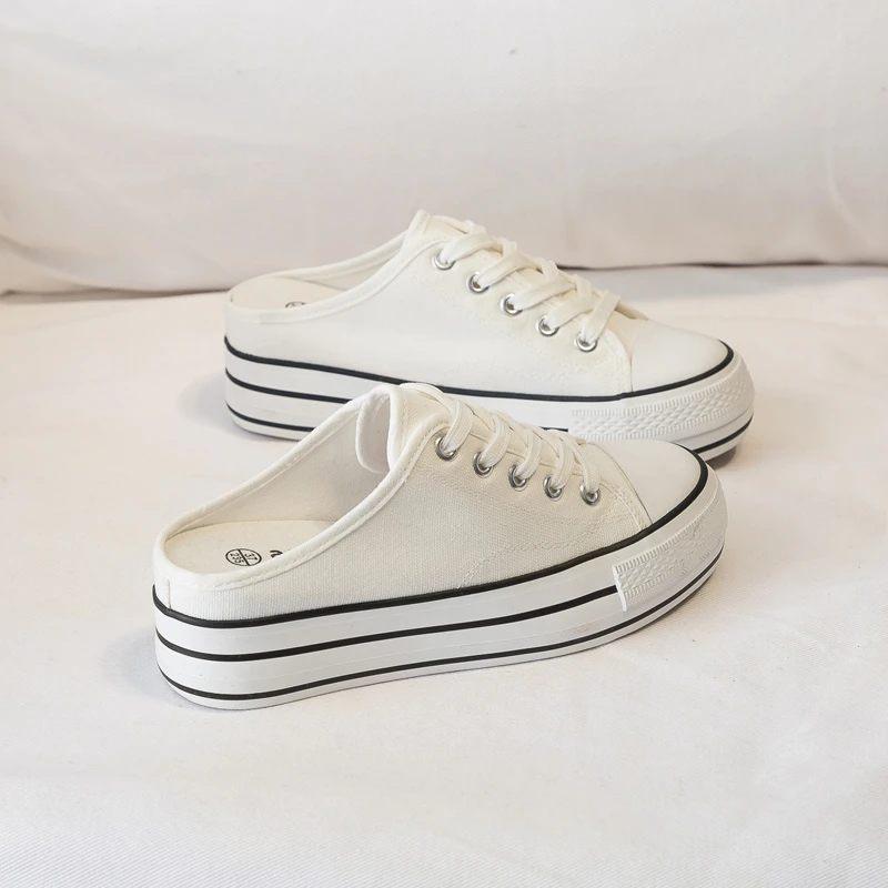 2025年夏季新款内增高半拖帆布鞋女薄款厚底小白鞋外穿包头拖鞋鞋