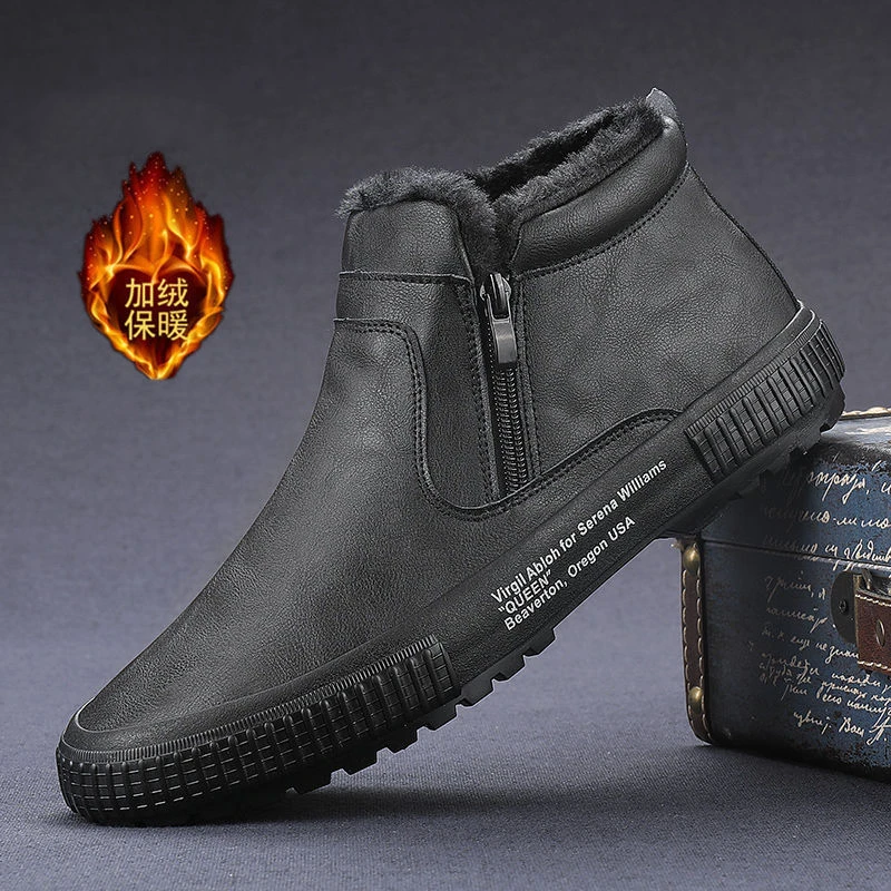男士加绒皮鞋冬季新款加绒保暖韩版百搭板鞋套脚棉鞋休闲鞋高帮