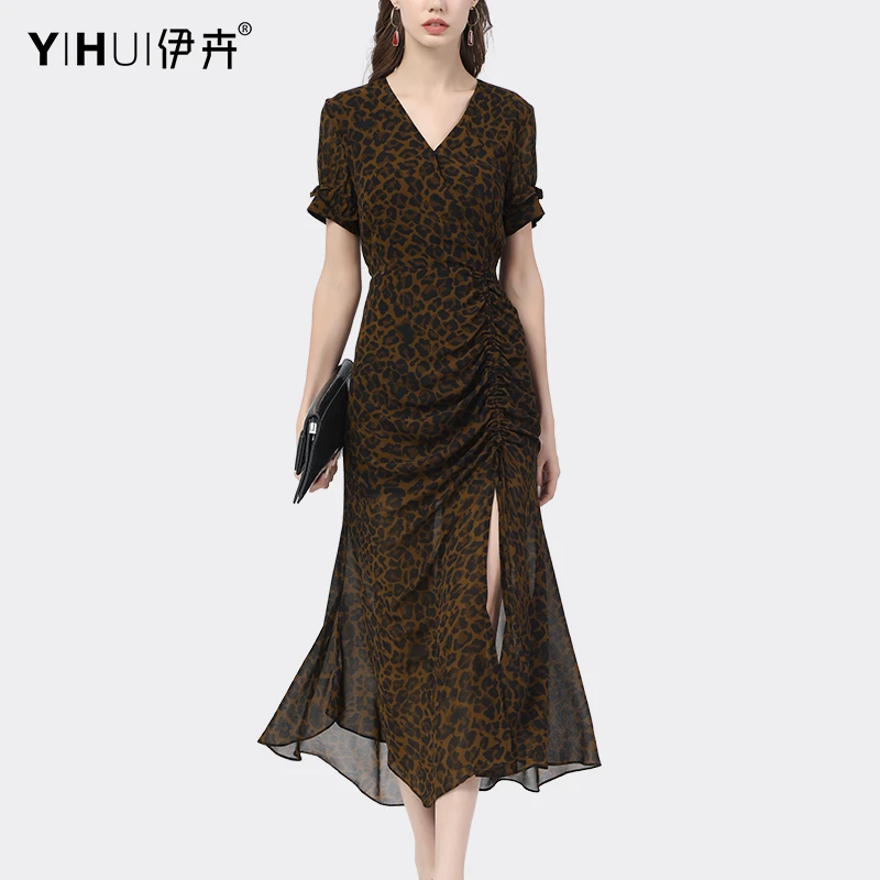 YIHUI伊卉气质V领连衣裙夏季新款性感豹纹包臀一步裙长裙LD15785