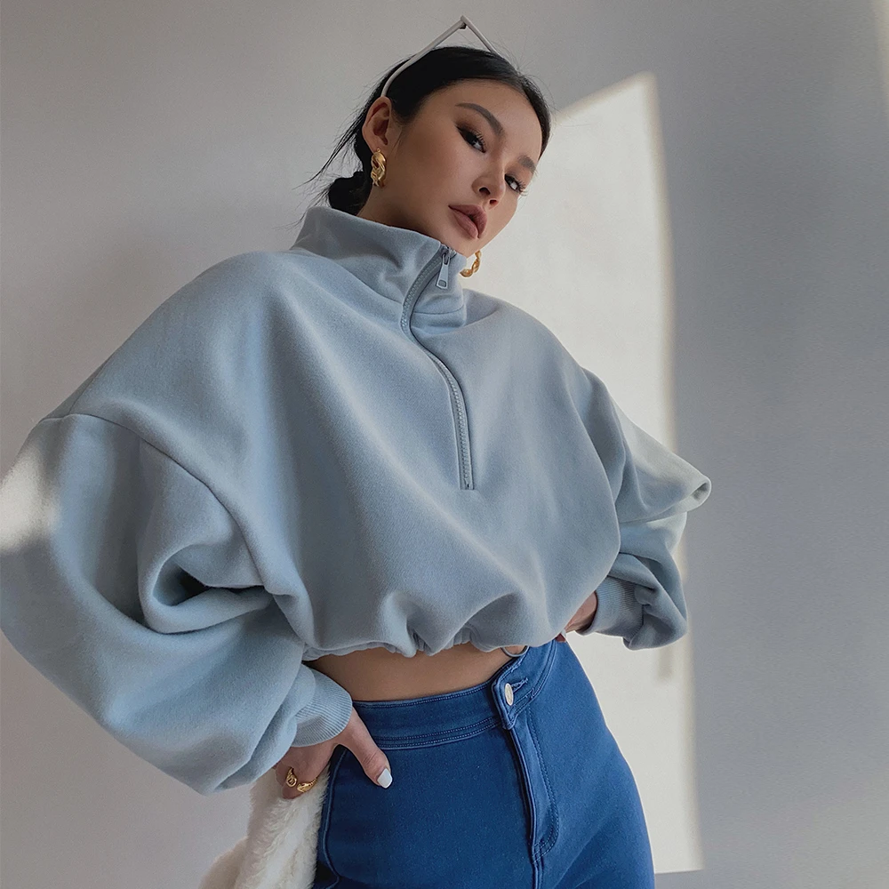 猫伽Mèche秋季时尚ins设计感立领卫衣健身套头露脐宽松长袖上衣