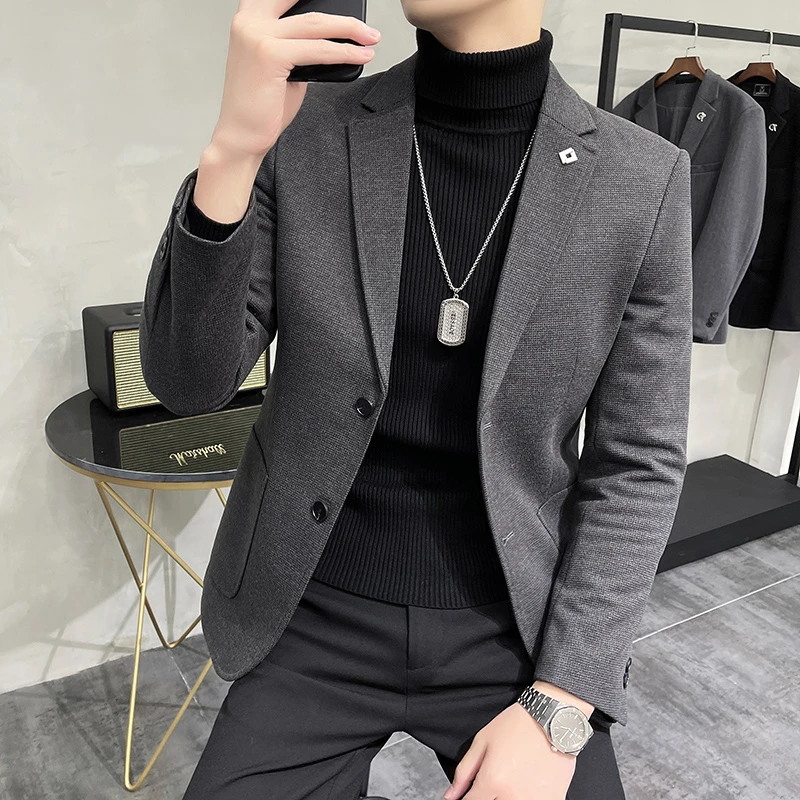 秋冬高级感华夫格西装男加厚保暖西服外套韩版小西装帅气百搭修身