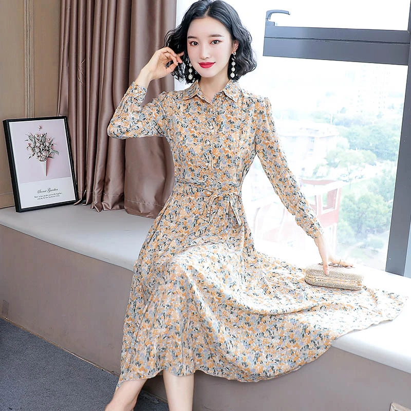 A156春秋雪纺连衣裙长袖2024新款时尚长款收腰显瘦方领碎花衬衫裙