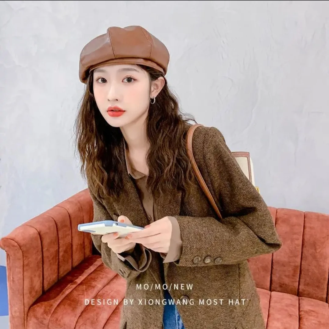 pu皮贝雷帽日系ins网红画家帽百搭南瓜帽英伦八角帽子女春秋韩版