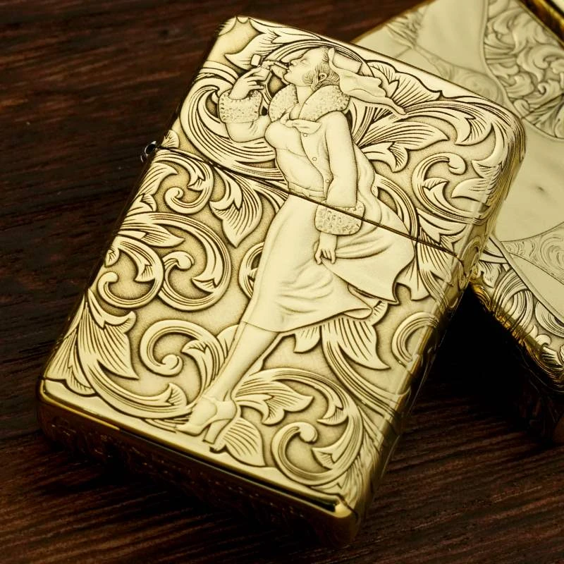ZIPPO/之宝【唐草风女】双立体浮雕风中女郎黄铜盔甲打火机DYJ1